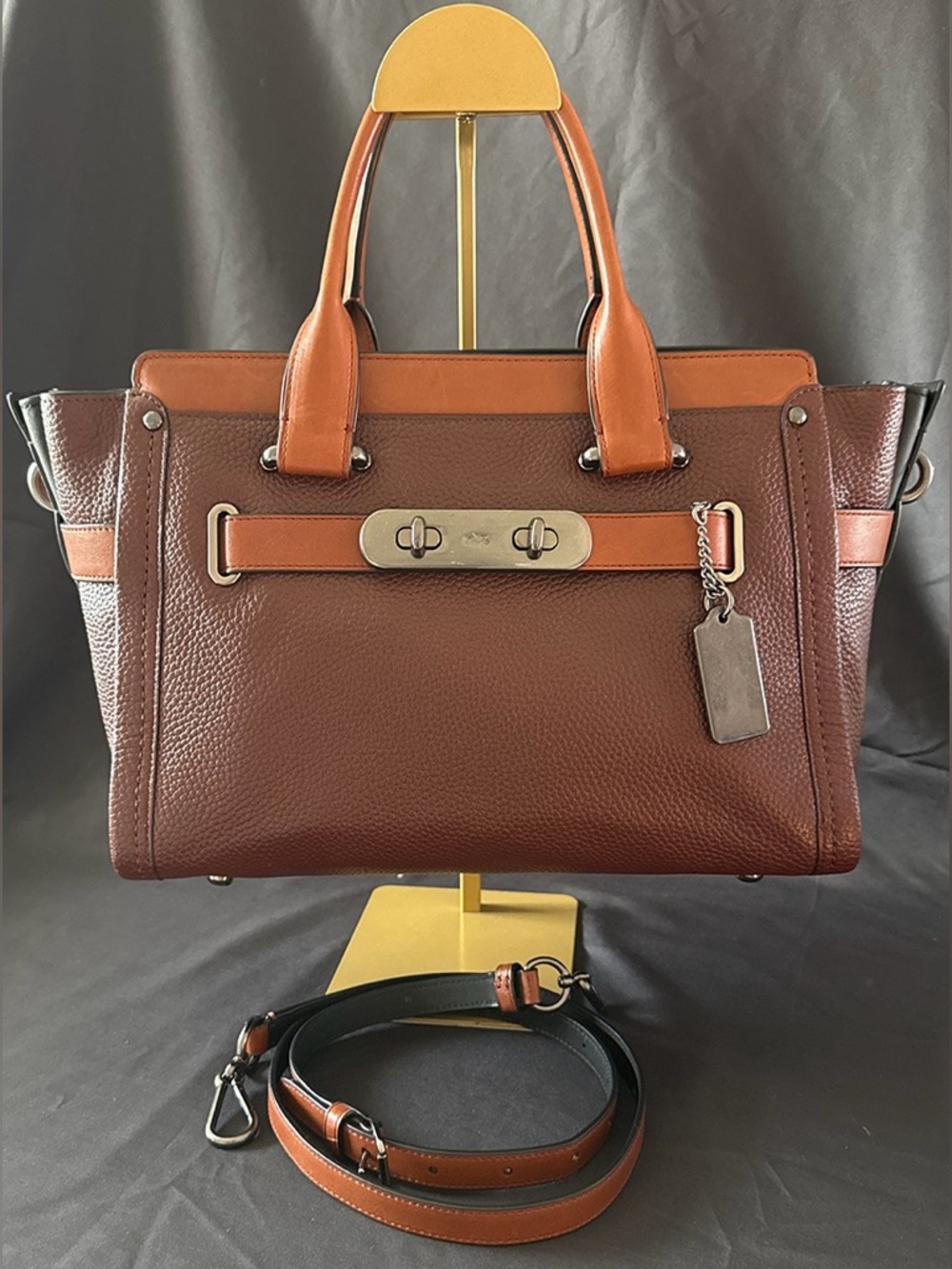 Coach Swagger Satchel Colorblock Mahogany & Ginger Pebbled Leather - Picture 2 of 13